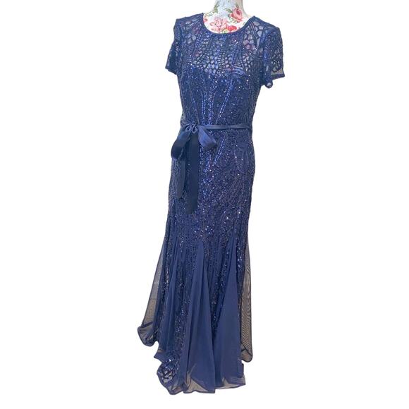 R&M Richards Navy Blue Sequin Satin Waist Belted  Party Cocktail Maxi  Dress 8us - Picture 12 of 14
